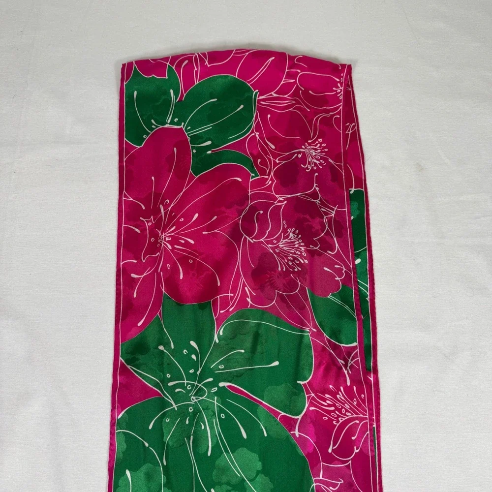 Ginnie Johnson Pink Hibiscus Floral Silk‎ Scarf Tropical Botanical Signed 61x11